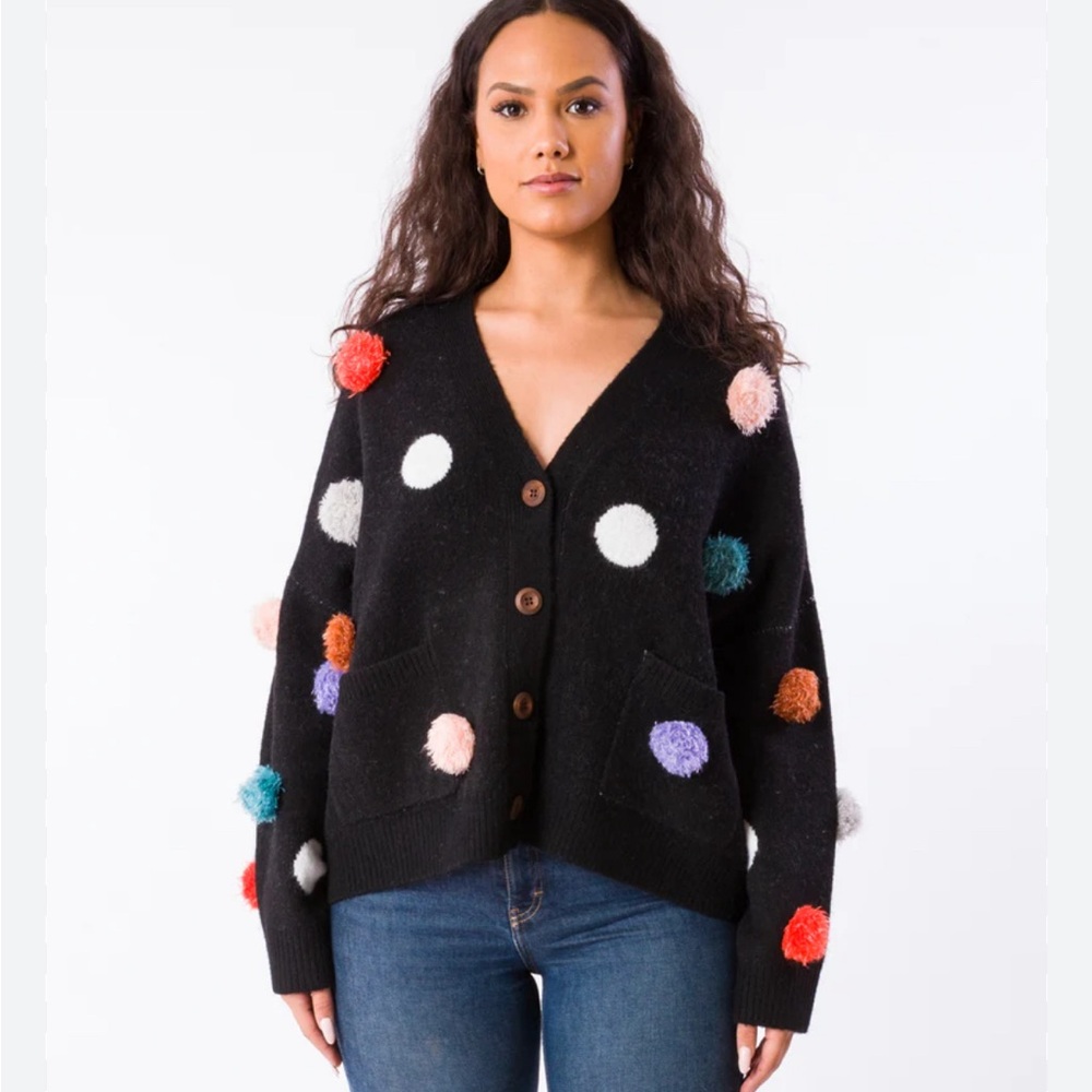 Kerisma Women’s Oversized Chunky Fuzzy V-Neck Pom Pom Pockets Black Cardigan OS